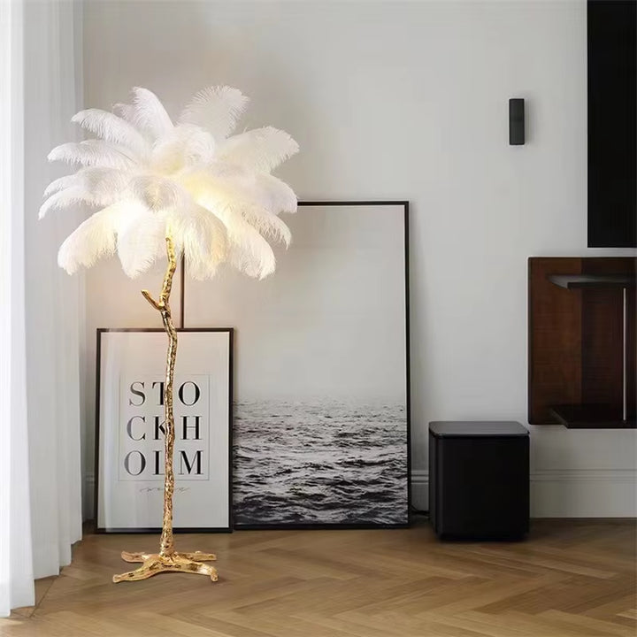 Modern LED Floor Lamp Ostrich Feather Lamp Post-Modern Copper Floor Lights Living Room Hotel Standing Lights Bedroom Decor Lamp