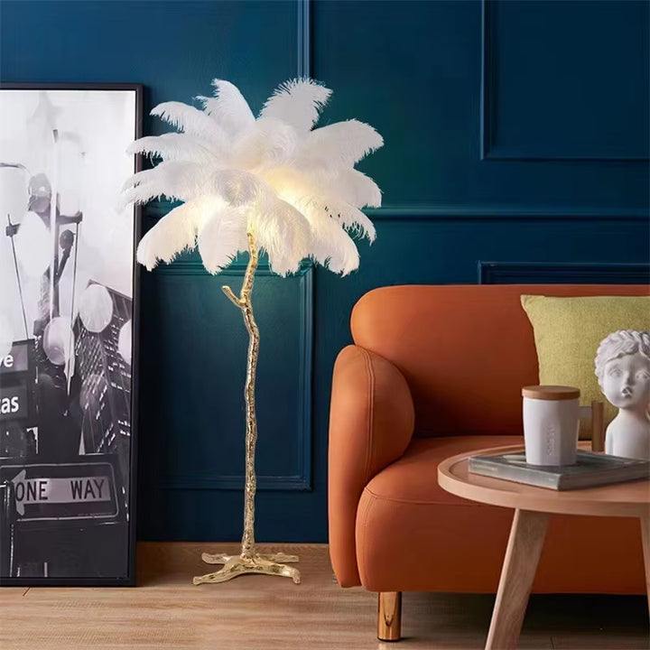 Modern LED Floor Lamp Ostrich Feather Lamp Post-Modern Copper Floor Lights Living Room Hotel Standing Lights Bedroom Decor Lamp