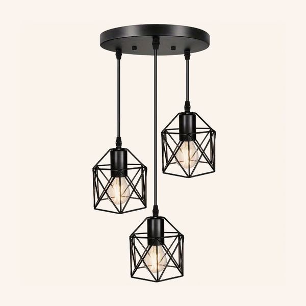 Suspension Industrielle Vintage en Métal Noir | Design Géométrique Hexagonal avec 3 Ampoules